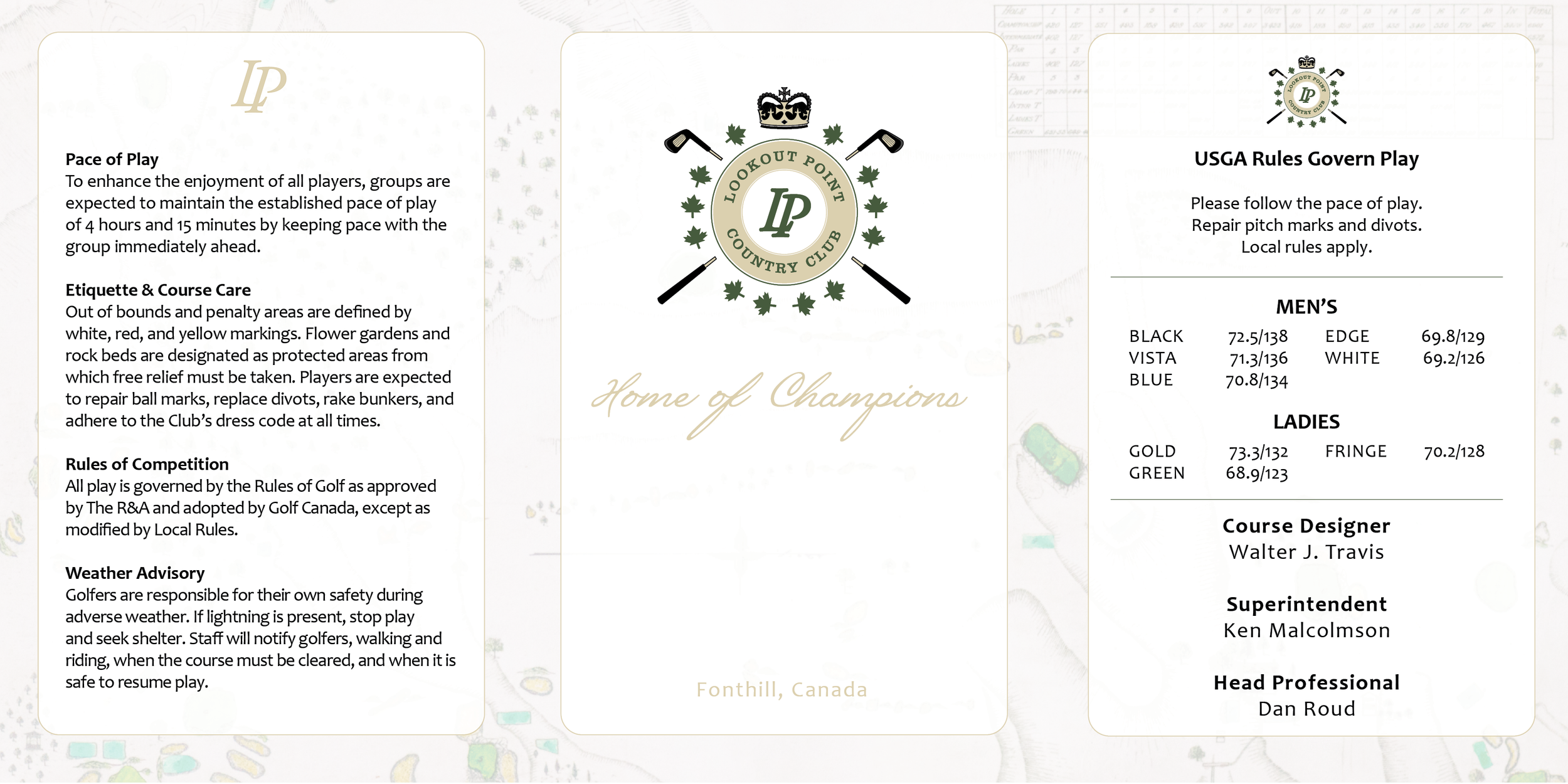 Golf course rules and guidelines for Lookout Point Country Club in Fonthill, Canada, including pace of play, etiquette, competition rules, and weather advisory, with club leadership information and logo in the center.
