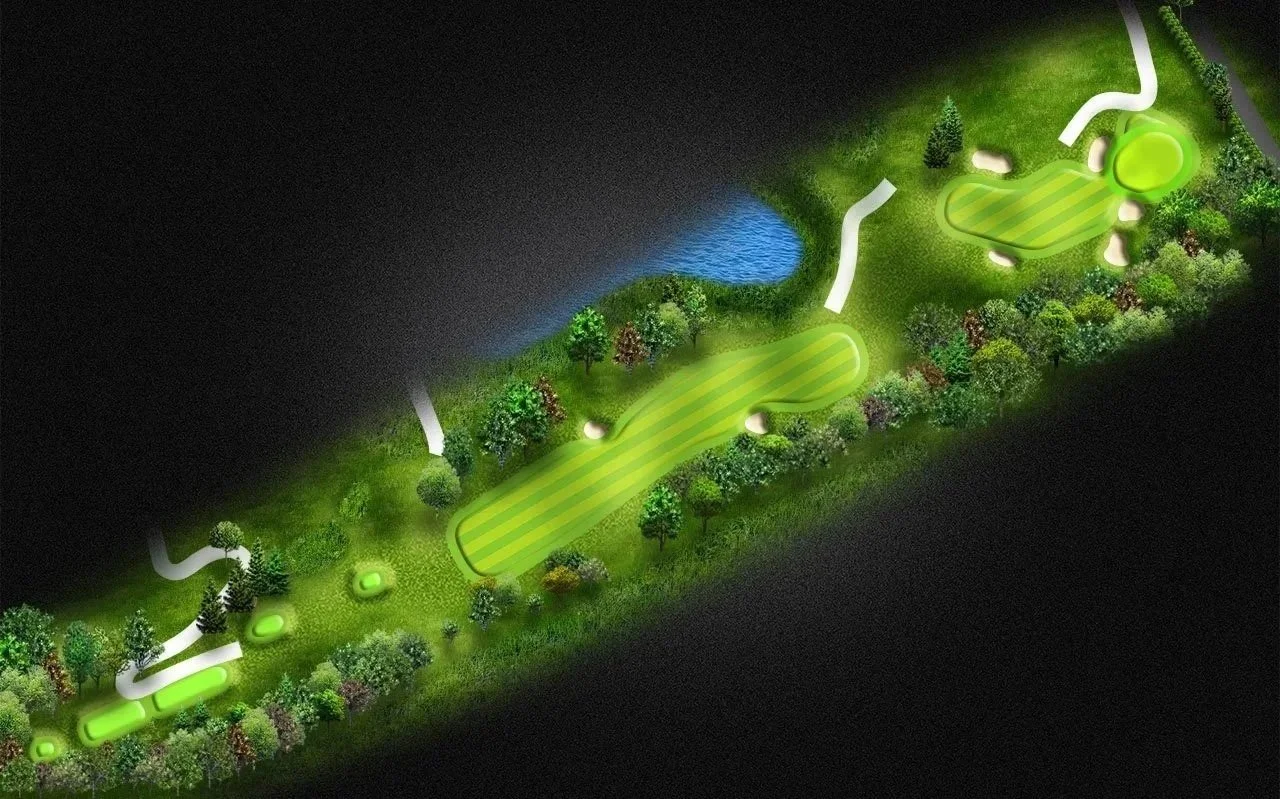 A detailed map of a golf course layout at night, showing fairways, greens, water hazards, trees, sand bunkers, and pathways.