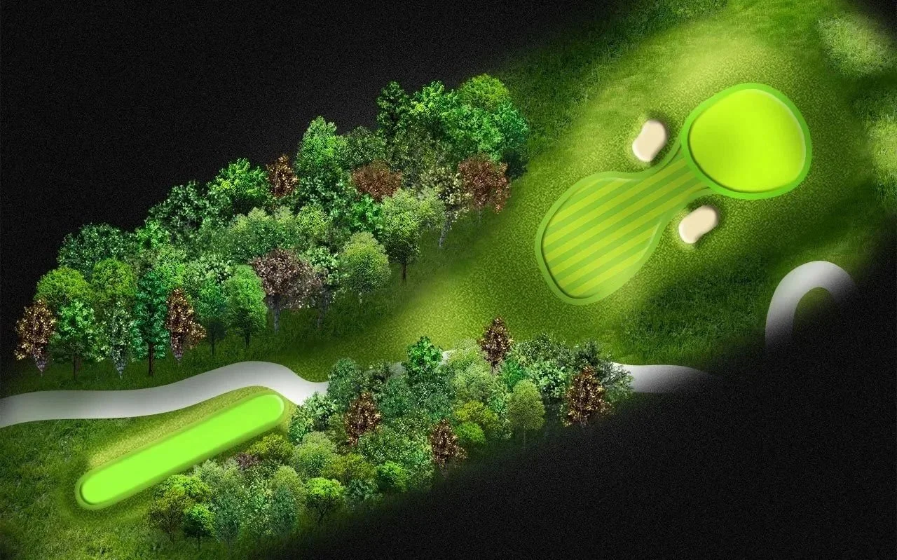 A top-down view of a golf course at night with illuminated trees, a fairway, and a green. The course features a winding pathway and a putting green with sand traps.