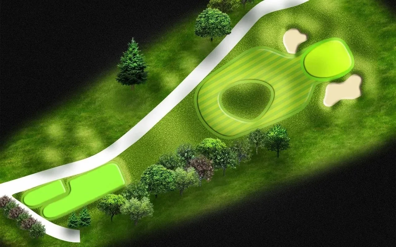 A top-down view of a golf course hole, including a fairway, sand traps, green, and trees surrounding the area.