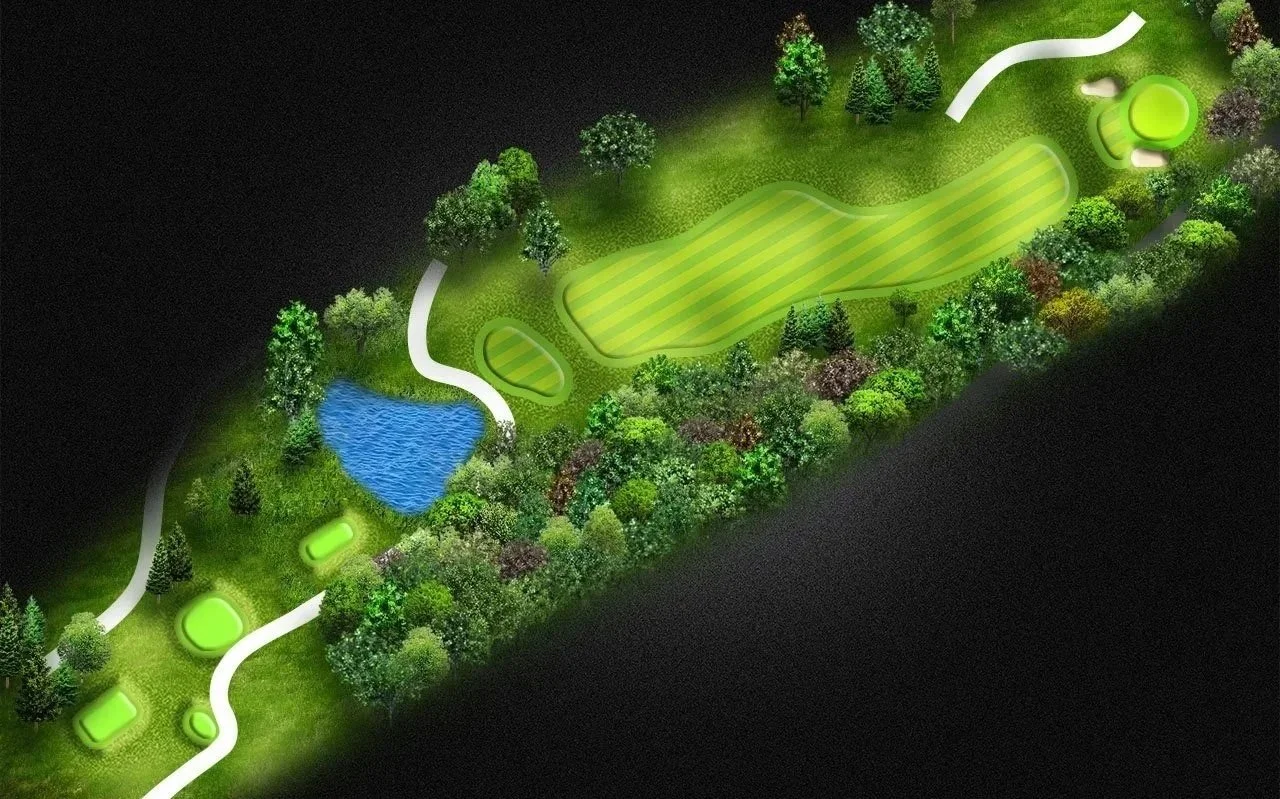 A layout of a golf course with a hole near a pond, surrounded by trees and a winding path.