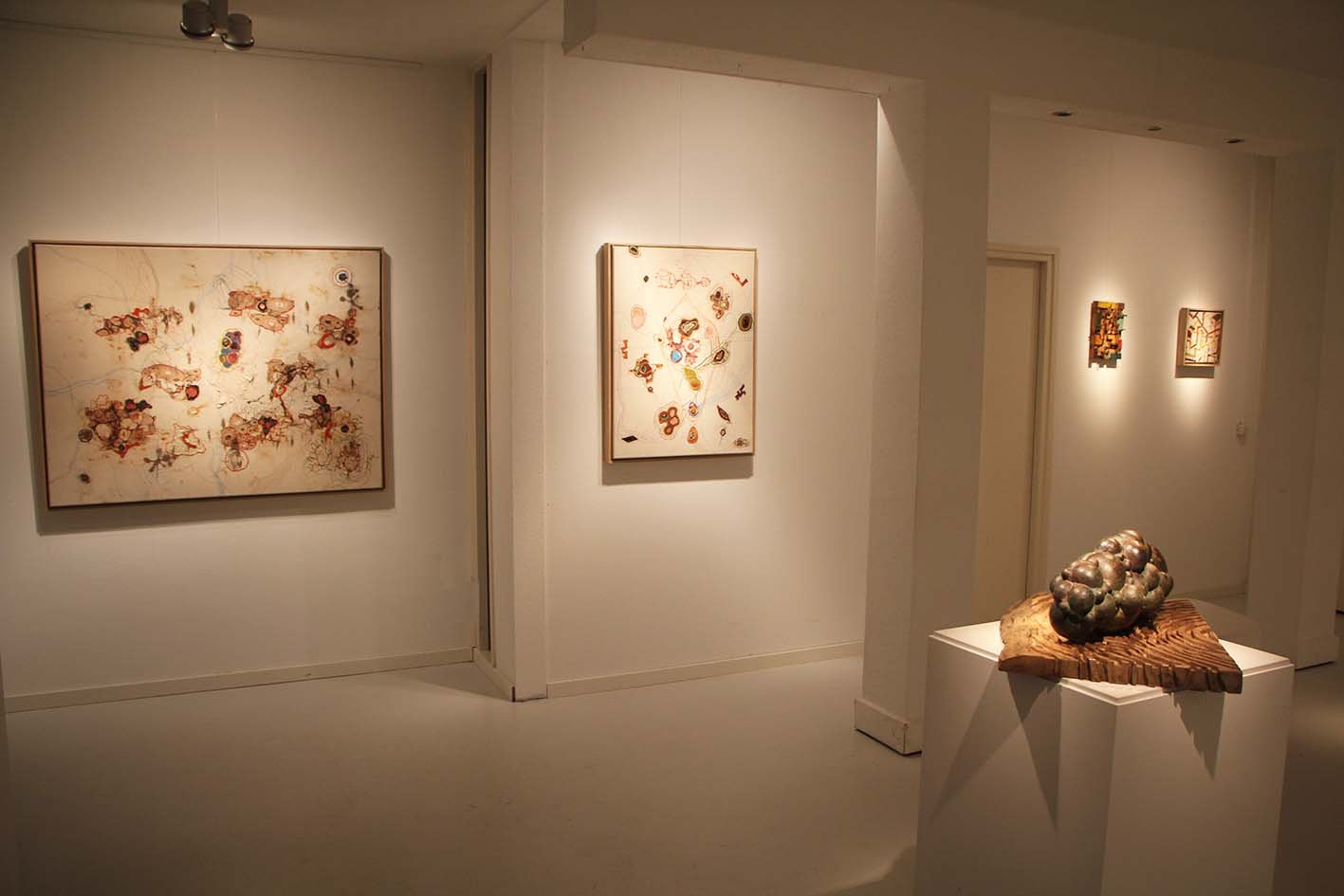 Exhibition overview showing textile work and sculpture by Maarten Donders with layered structures and organic forms.