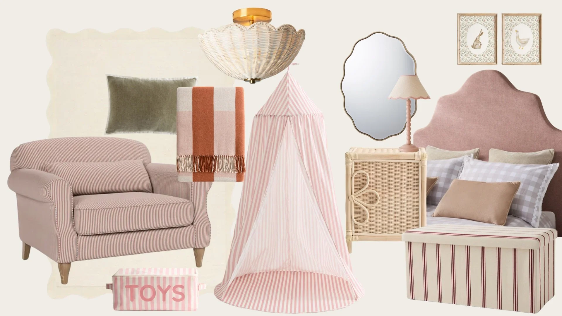 A digital interior design mood board child's pink bedroom stripes and scallops