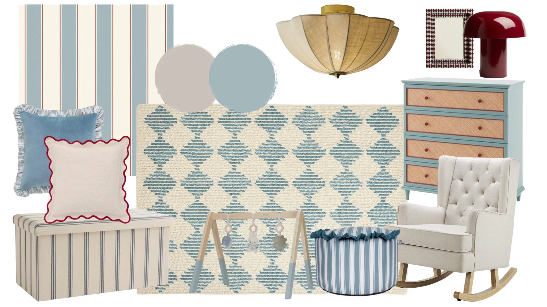 Collection of nautical-themed home decor including pillows, rugs, a chest of drawers, a rocking chair, a lamp, a mirror, and a baby mobile, all in shades of blue, white, and beige.