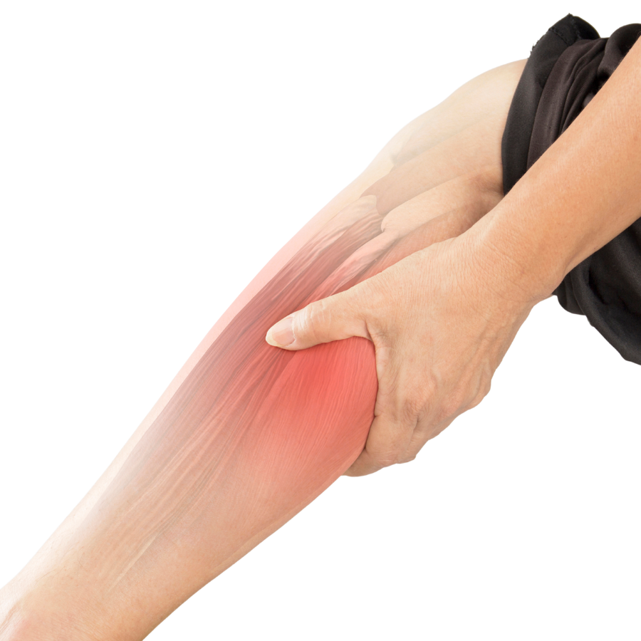 Person holding their inflamed and sore lower leg, highlighting the muscle area.