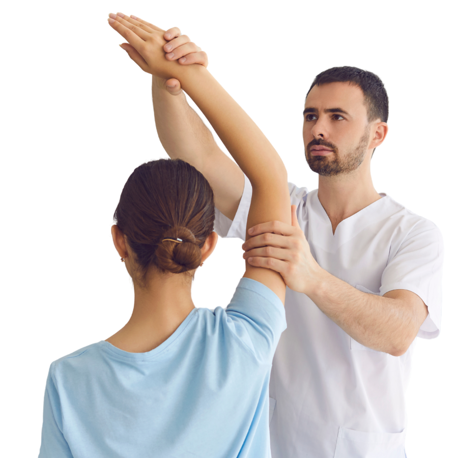 Medical professional demonstrating physical therapy exercises on a patient.