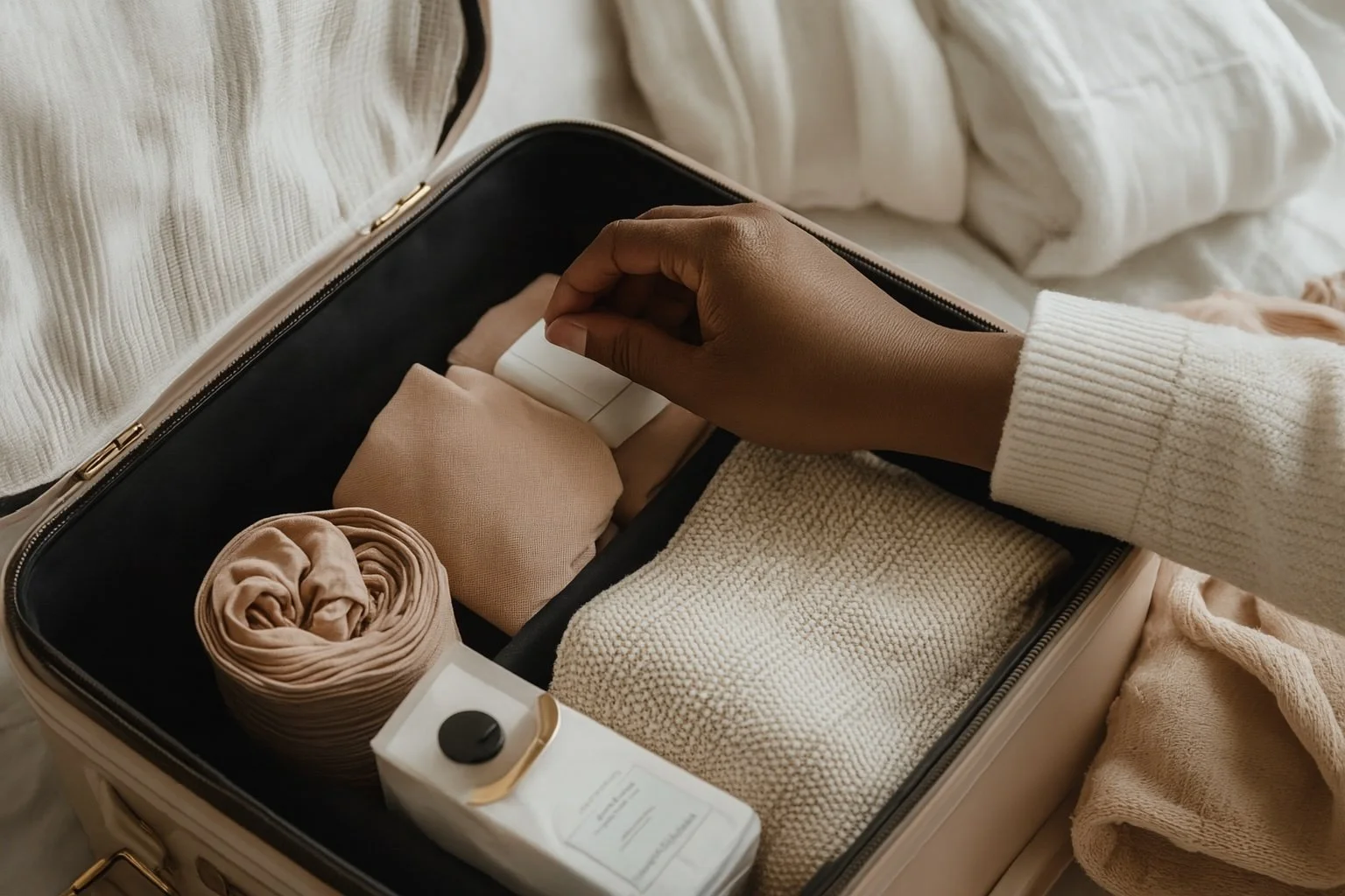 Person packing a beige suitcase with clothing and toiletries for travel.