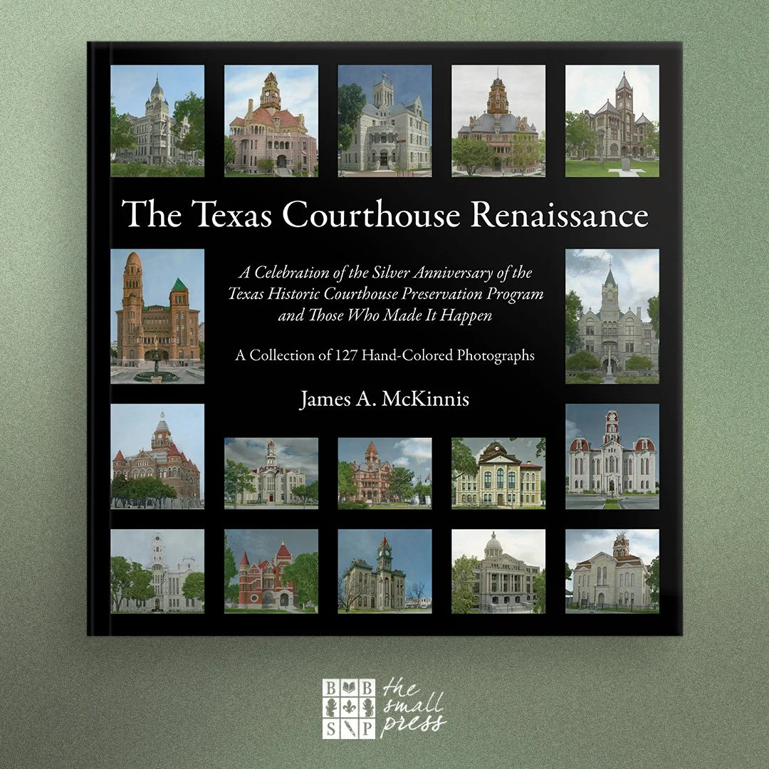 Book cover titled "The Texas Courthouse Renaissance" by James A. McKinnis, featuring photographs of historic Texas courthouses, with a black background and small images of various courthouse buildings around the border.