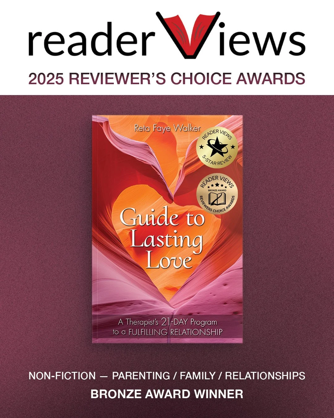 Brown Books is happy to share that GUIDE TO LASTING LOVE by master certified relationship counselor @retafayewalker has just received Bronze in the 2026 @reader_views Reviewers Choice Awards! Won in the category of Non-Fiction - Parenting/Family/Rela
