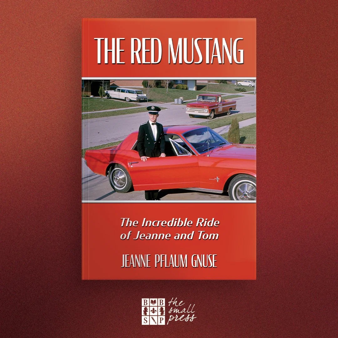 Book cover titled "The Red Mustang" featuring a red vintage Mustang car with a person in a police uniform standing next to it, set in a suburban neighborhood. Subtitle: "The Incredible Ride of Jeanne and Tom" by Jeanne Pflaum Gnuse, published by The Small Press.
