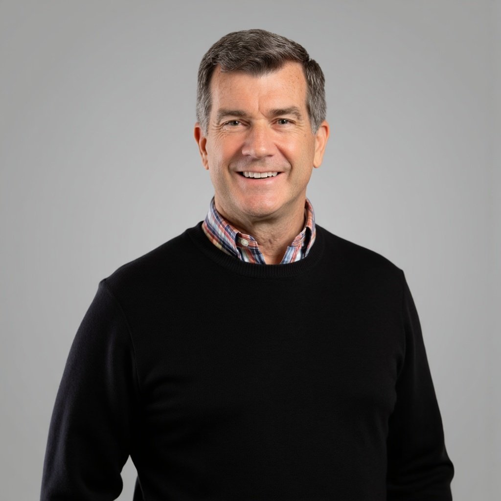 A middle-aged man with gray hair, dressed in a black sweater over a collared, plaid shirt, smiling against a plain, light gray background.
