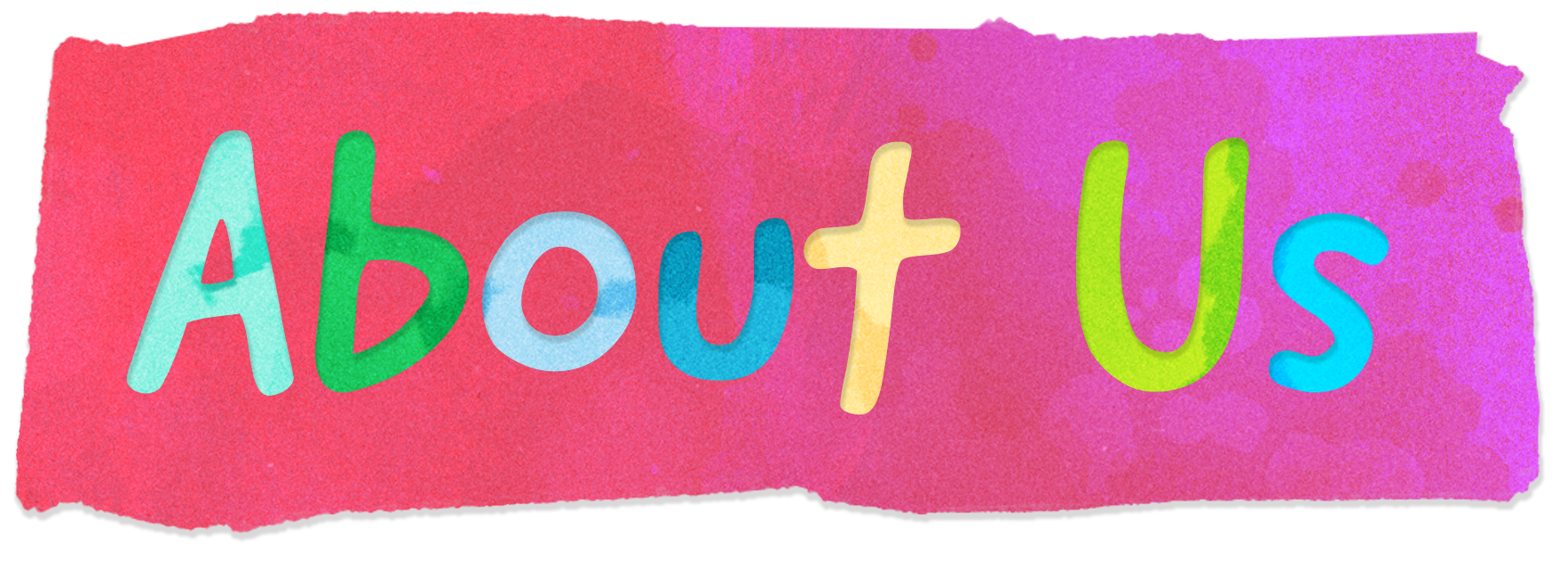Colorful text spelling 'About Us' on a pink and purple watercolor background.