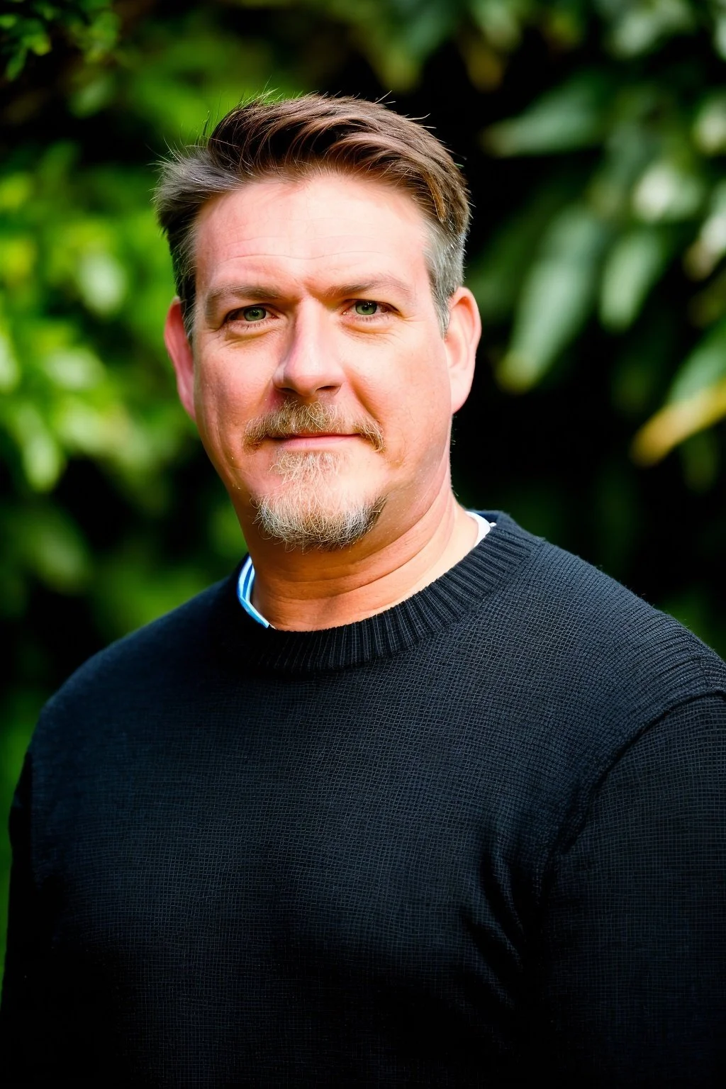 A middle-aged man with brown hair, a goatee, and mustache, wearing a black shirt, standing outdoors with green foliage in the background.