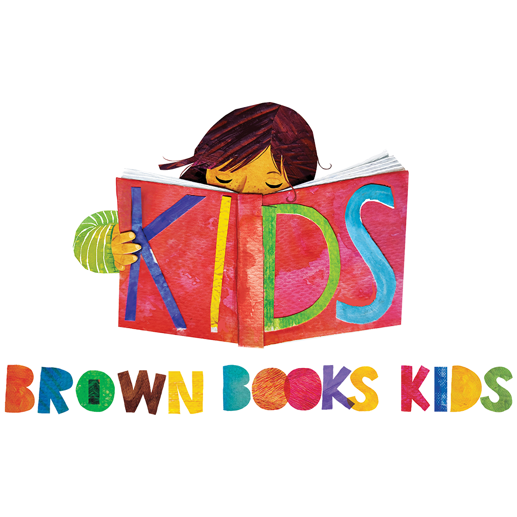A colorful illustration of a child with brown hair reading a large pink book with the word 'KIDS' on its cover. Below, multicolored letters spell out 'BROWNBOKS KIDS' with each letter in a different bright color.