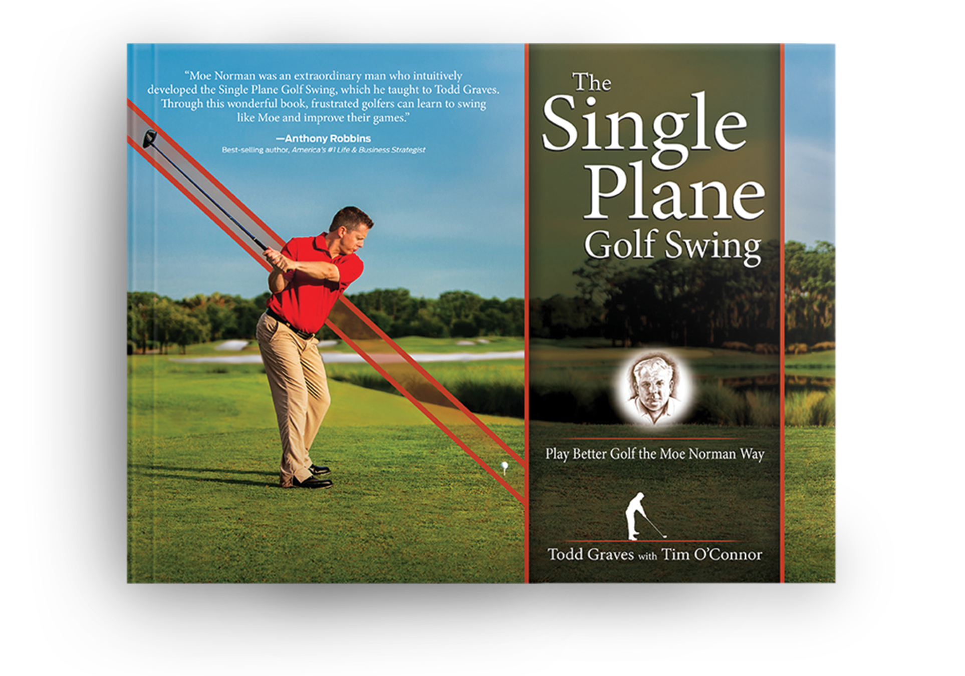 Book cover titled 'The Single Plane Golf Swing' by Todd Graves with Tim O'Connor, featuring a man in red shirt and khaki pants on a golf course, with a diagram showing the swing path.
