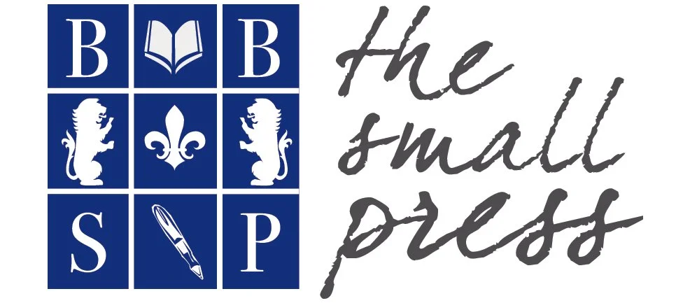 Logo with 3 columns and 3 rows of blue squares. The top row shows the letters 'B', open book, and 'B'. The middle row has a lion, a fleur-de-lis, and a lion. The bottom row features 'S', a pen, and 'P'. Next to the grid is the handwritten text 'the small press'.