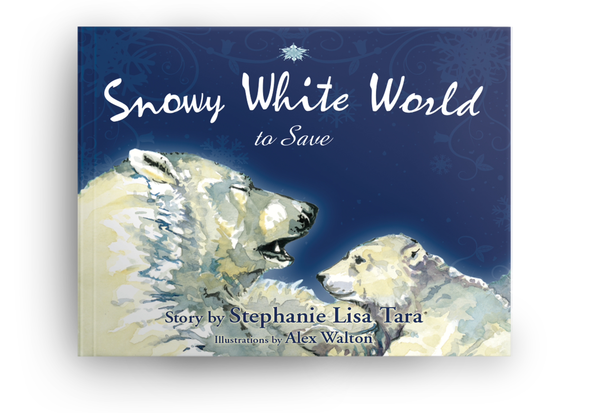 Book cover titled "Snowy White World to Save" featuring an illustration of two polar bears, an adult and a cub, on a snowy background with winter-themed decorative elements.