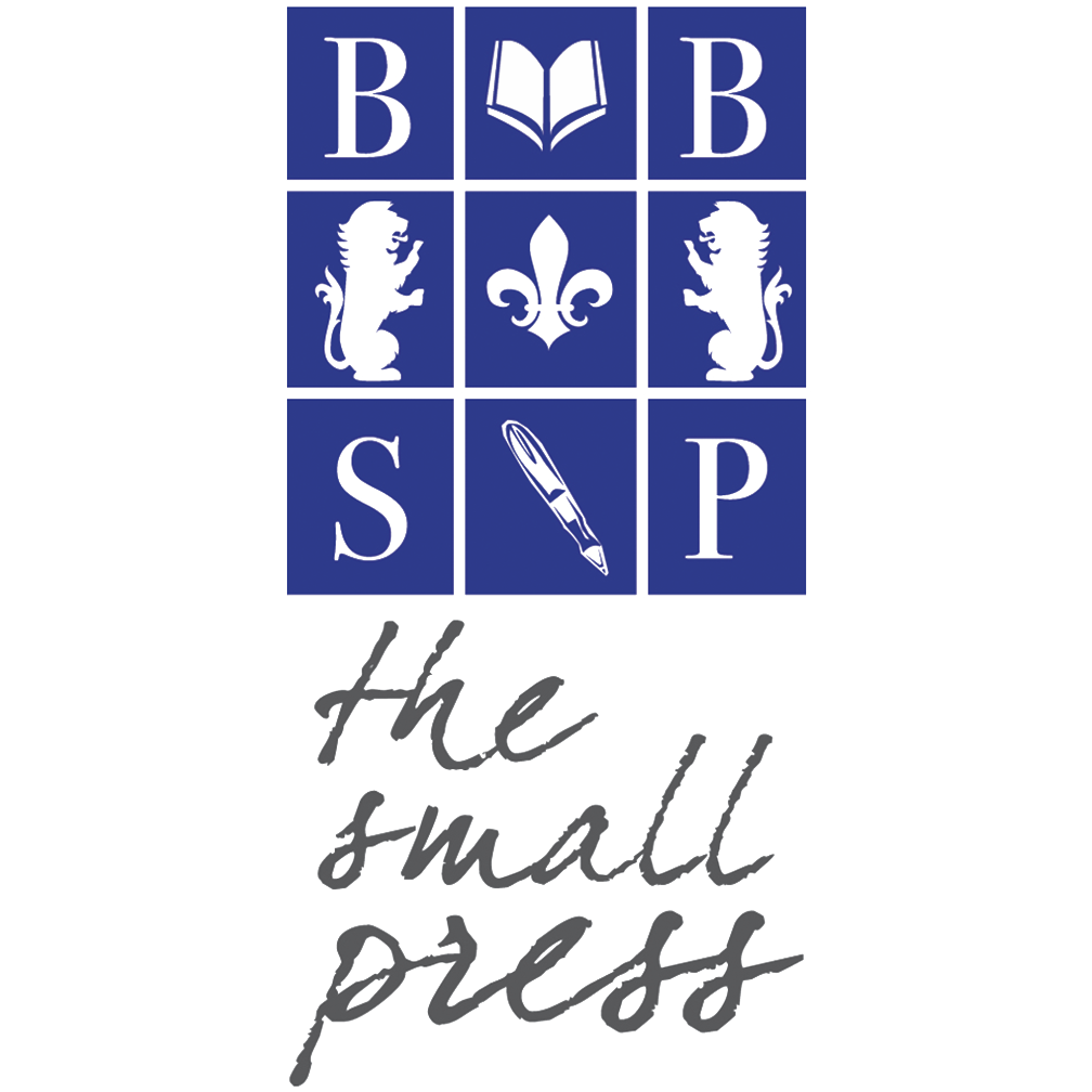 A graphic with a grid of nine blue squares containing white icons and letters related to education and literacy, with the phrase 'the small press' written in cursive below.