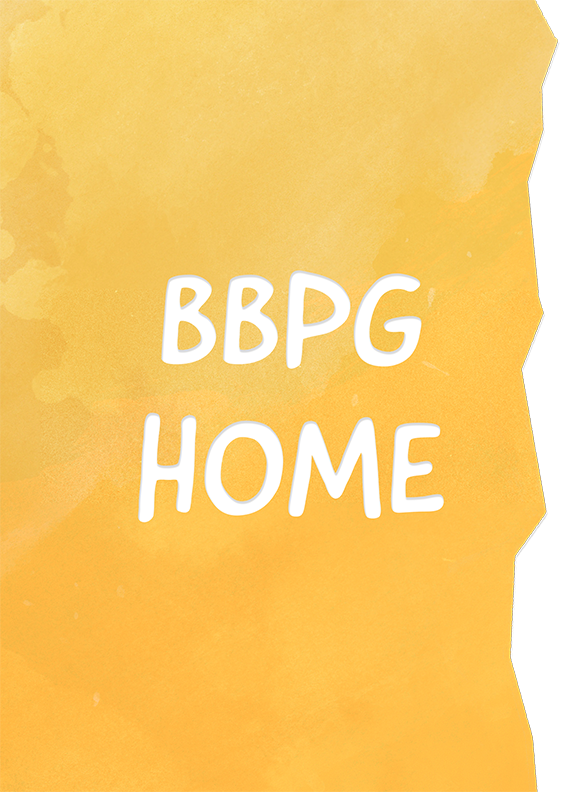 Yellow paper with torn edges and the words 'BBPG HOME' written in white, playful font.