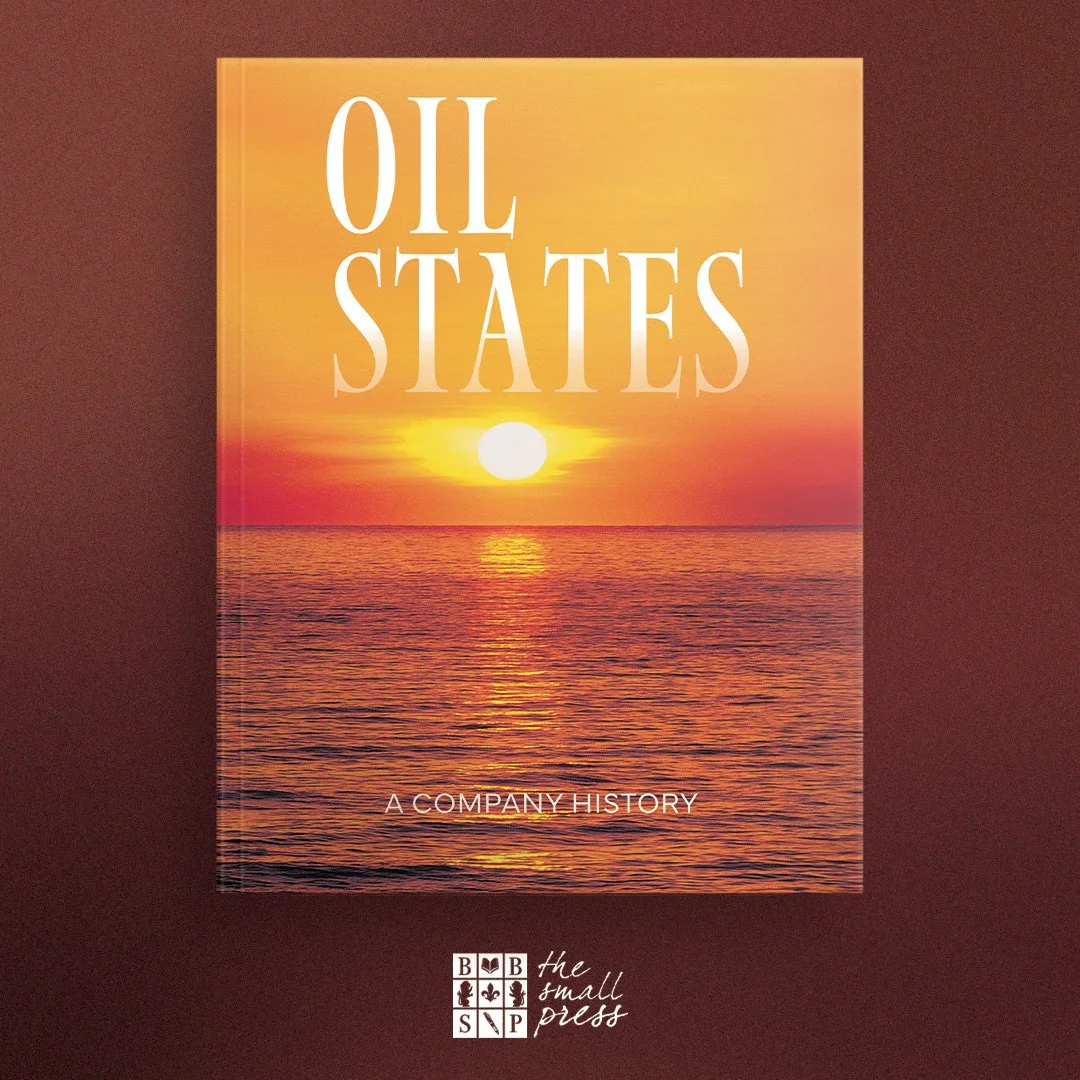 Book cover titled 'Oil States: A Company History' featuring a sunset over the ocean with orange and pink hues.
