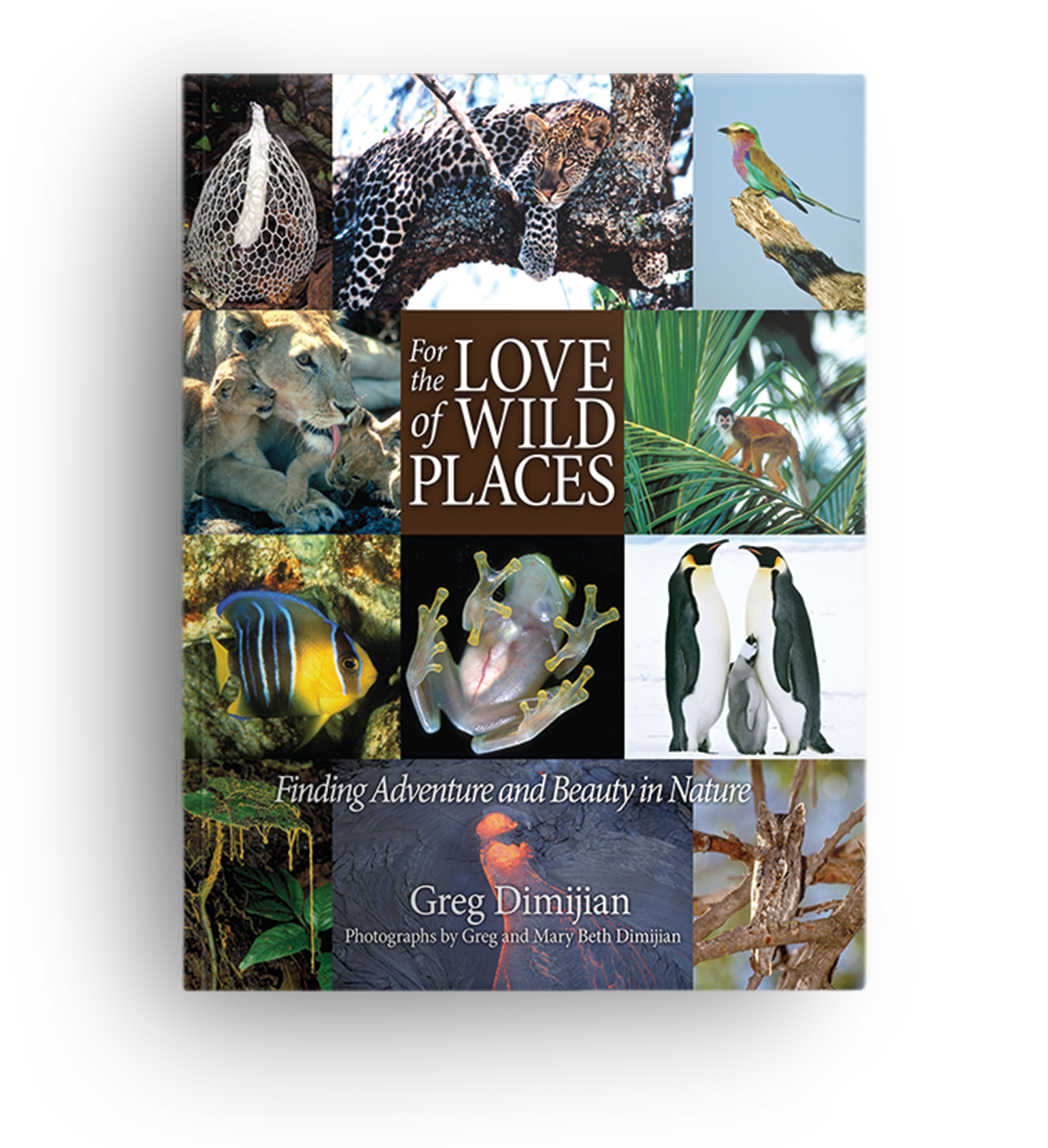 Cover of a book titled 'For the Love of Wild Places: Finding Adventure and Beauty in Nature' by Greg Dimijan, featuring various wild animals including a leopard, hummingbird, lioness, monkey, fish, frog, penguins, and trees.