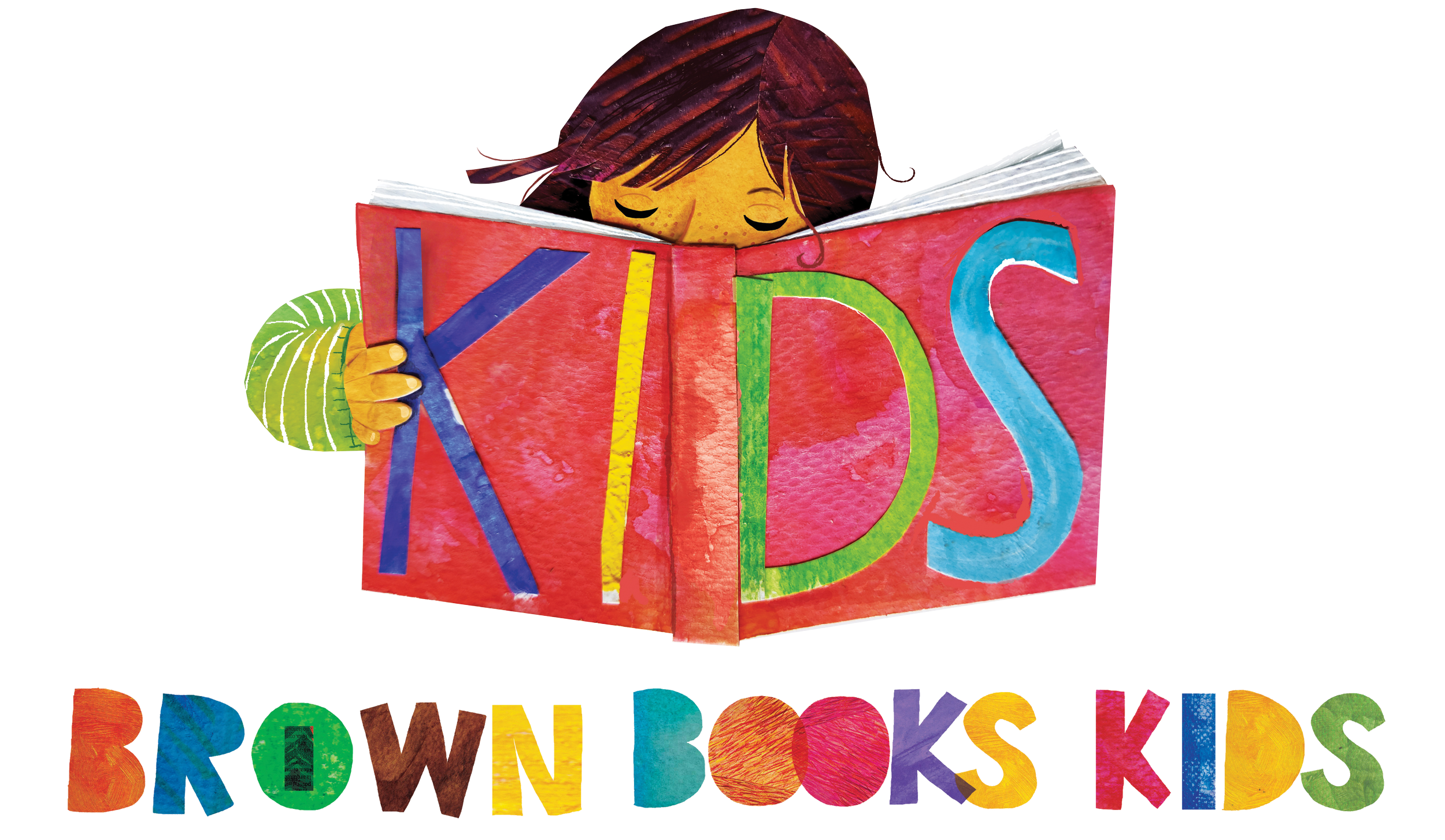 Colorful illustration of a girl reading a book with large, colorful letters spelling out "KIDS" on the book cover and "BROWNBOOKS KIDS" below.