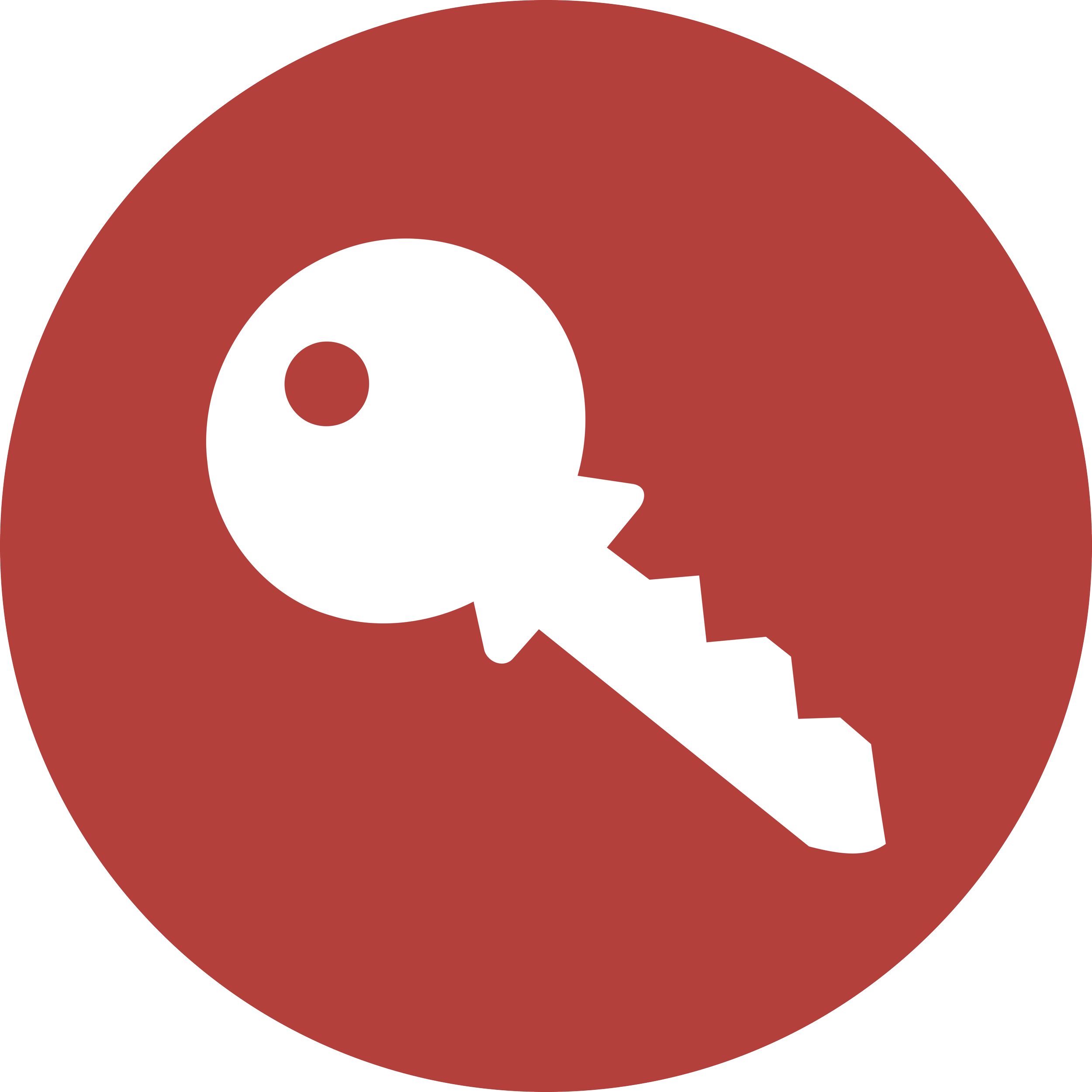 White key with broken teeth on a red circular background.