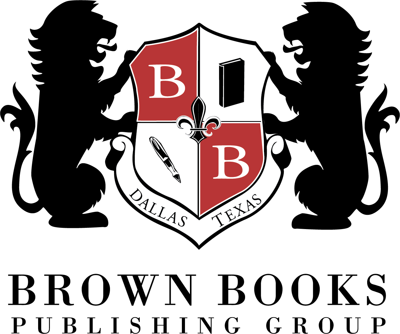 A crest with four quadrants, featuring the letter B, a book, a fountain pen, and a quill, with text "Dallas Texas" underneath, set against a black background.