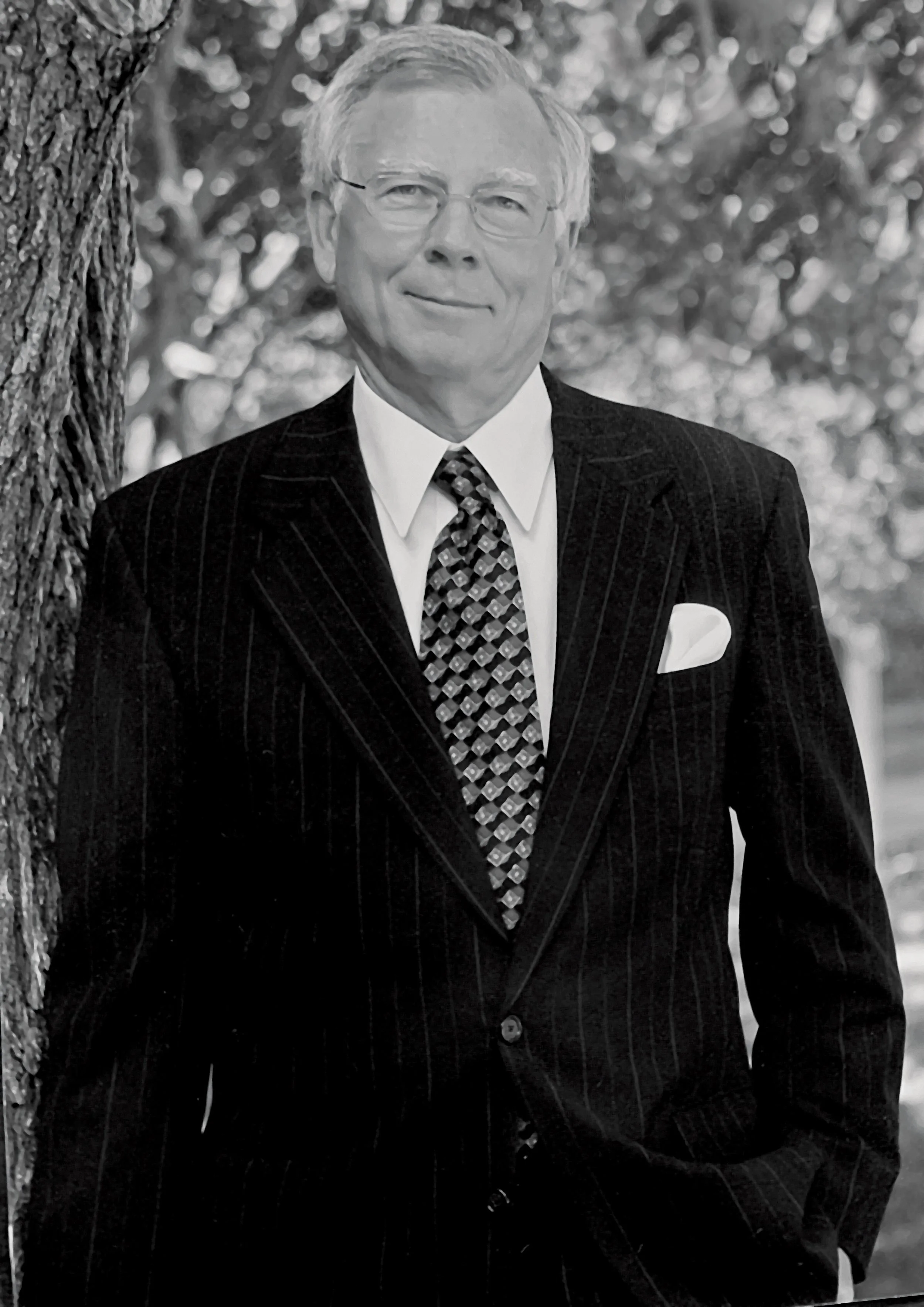A man in a pinstriped suit with a patterned tie and pocket square leaning against a tree outdoors.