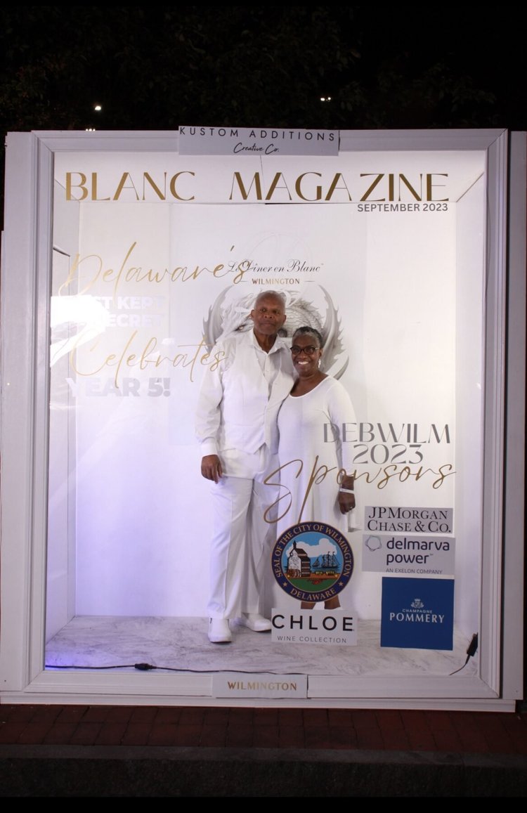 Couple in white and sequins on a custom Blanc Magazine cover