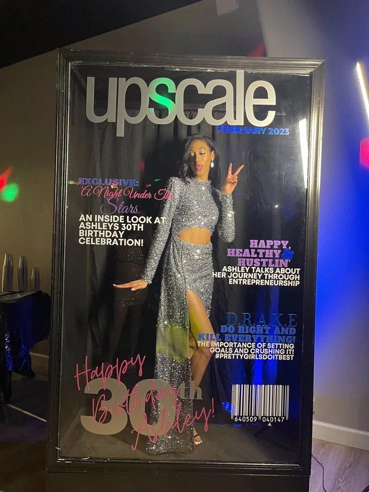 Upscale magazine booth cover at a 30th birthday party