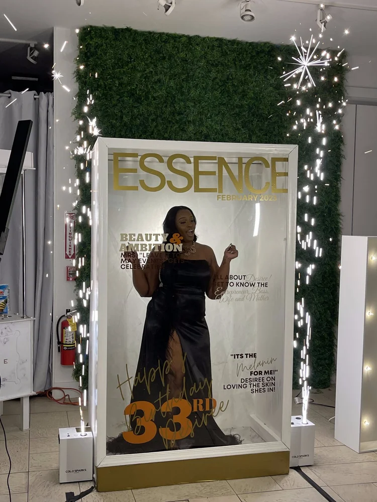 Essence magazine booth cover with sparklers at a 33rd birthday
