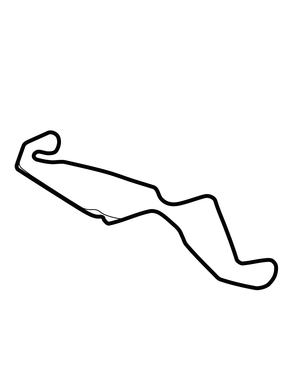 Streckenkarte eines Rennkurses mit mehreren Kurven und Geraden, wahrscheinlich für Motorsport oder Kartfahren.