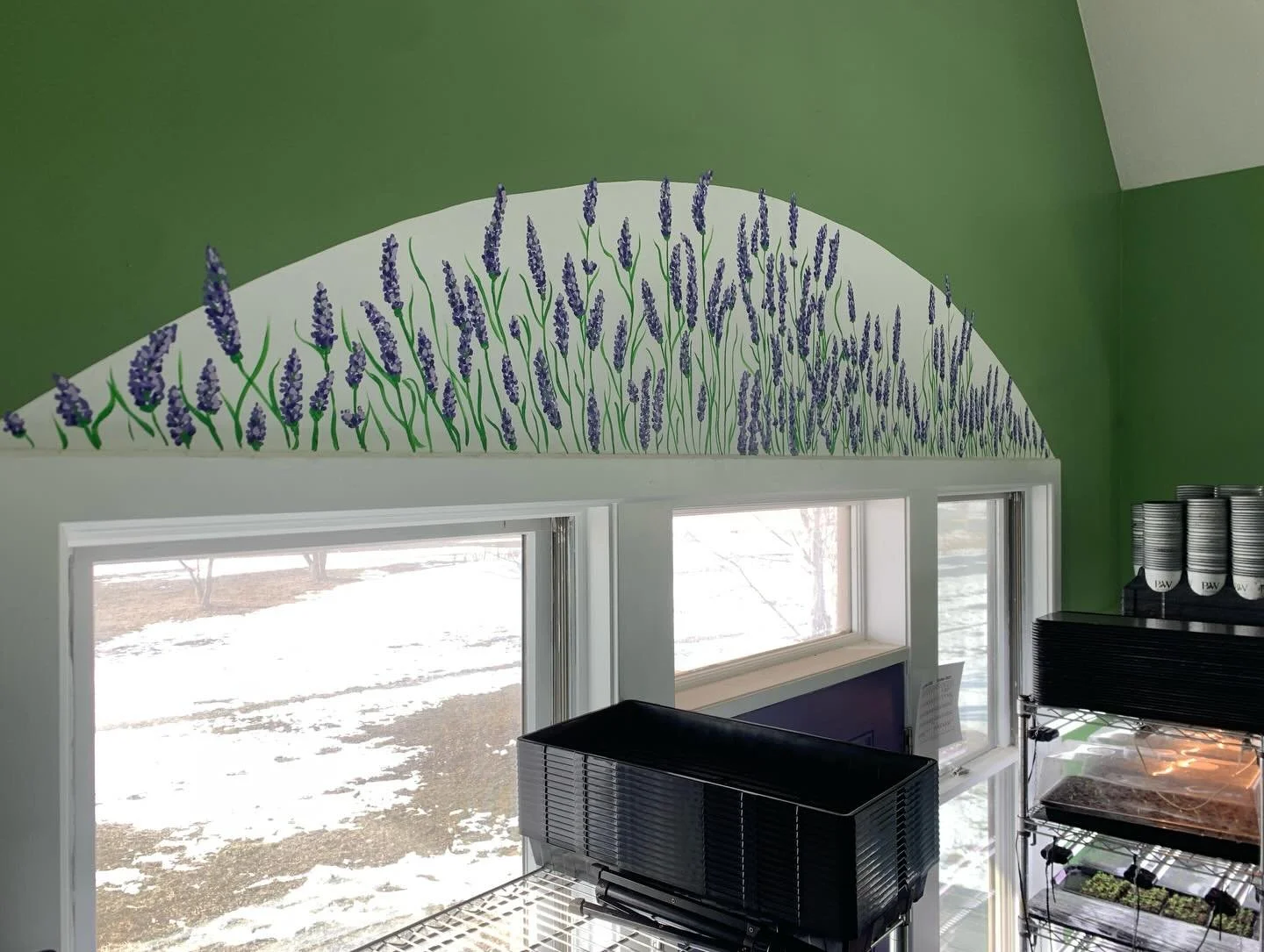 My favorite part of what I call &ldquo;The Flower Studio&rdquo; is this amazing mural my sister-in-law painted several years ago. @mrsmelissalesch 

I used to start all my seeds in the basement cramped in a tiny room that I had maxed out seed startin