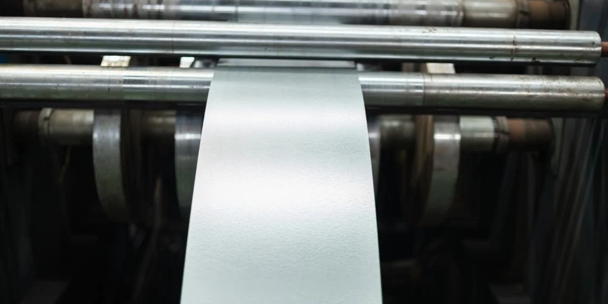 Sheet metal being rolled in a metal fabrication shop
