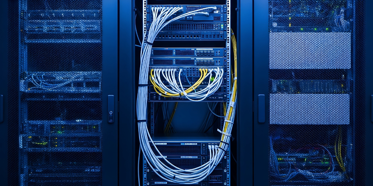 Server rack with organized cable routing and network connections in a data center
