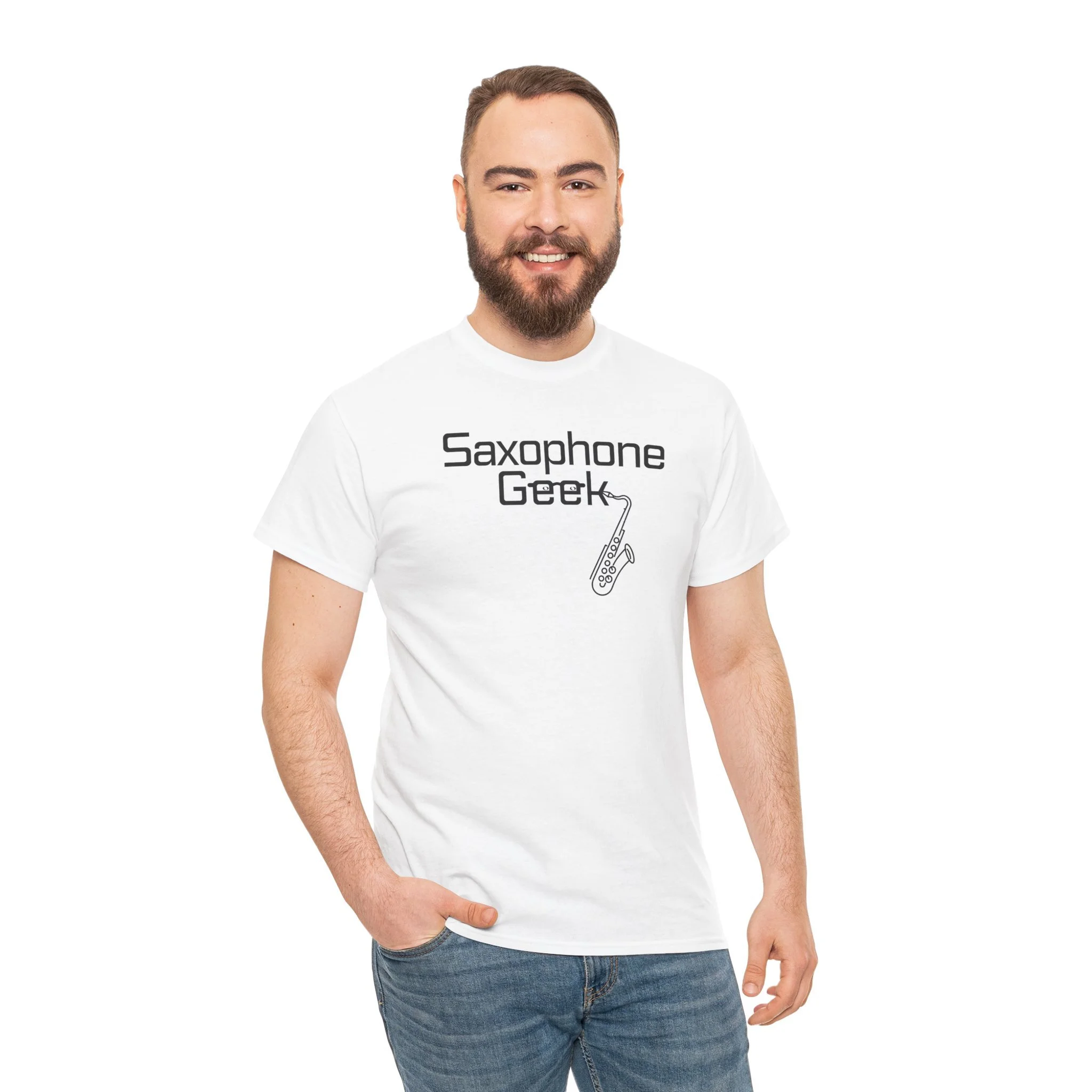 Graphic tee with text that says saxophone geek and a picture of a sax