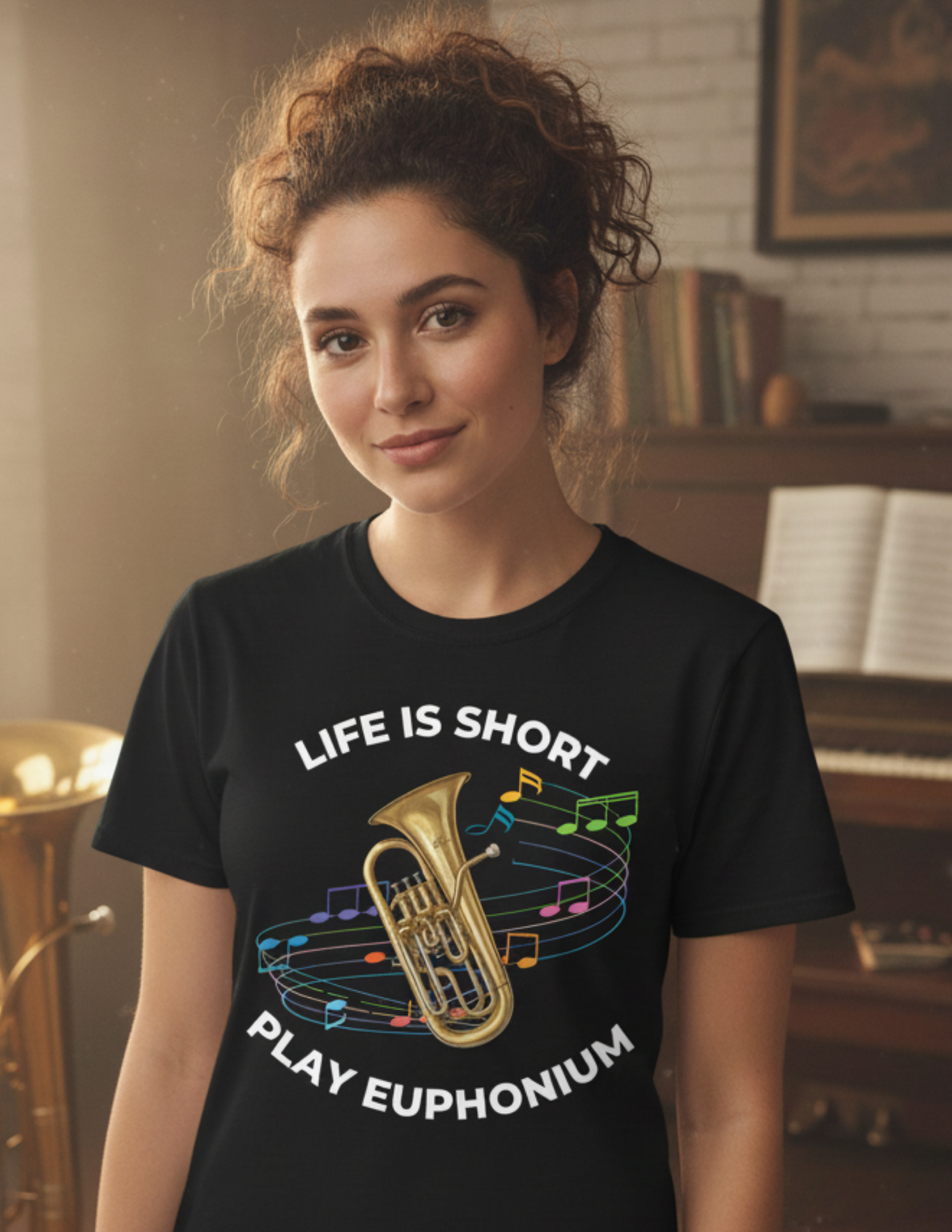 Graphic tee with image of a euphonium that says life is short play euphonium