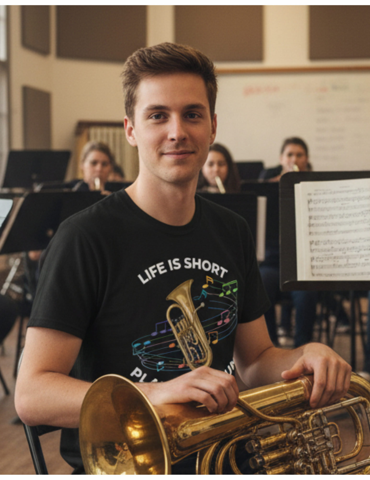 Graphic tee with image of a euphonium that says life is short play euphonium