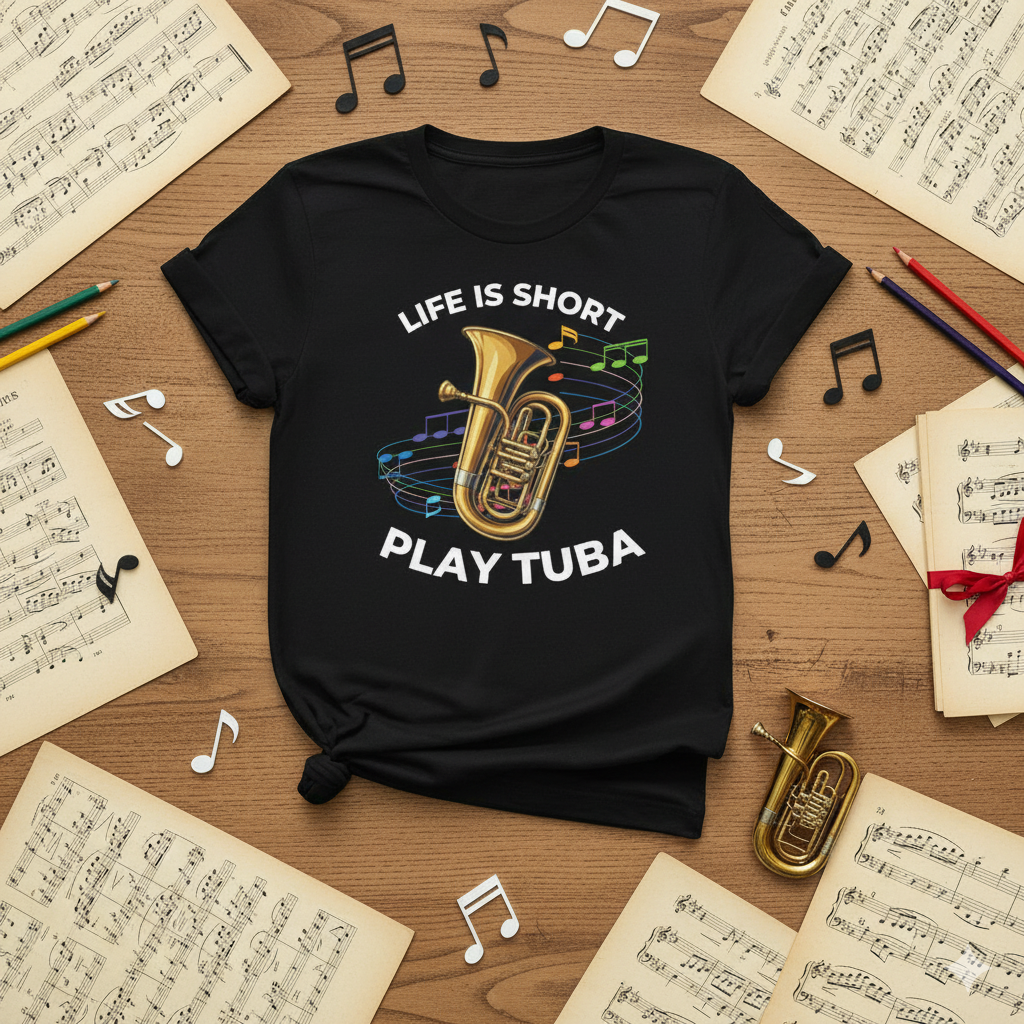 graphic t-shirt with image of a tuba that says life is short, play tuba