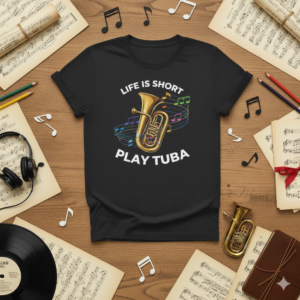 graphic t-shirt with image of a tuba that says life is short, play tuba