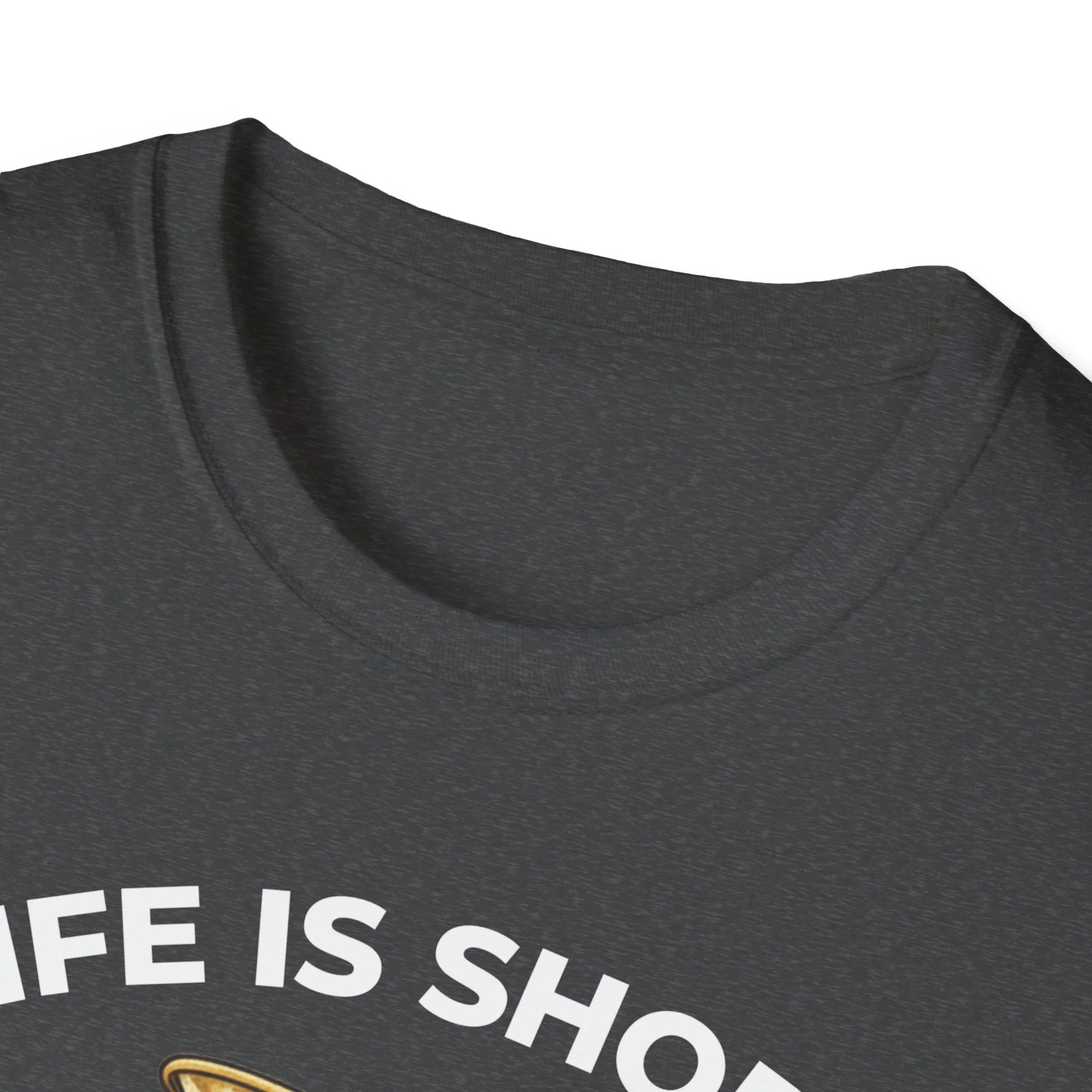graphic t-shirt with image of a tuba that says life is short, play tuba