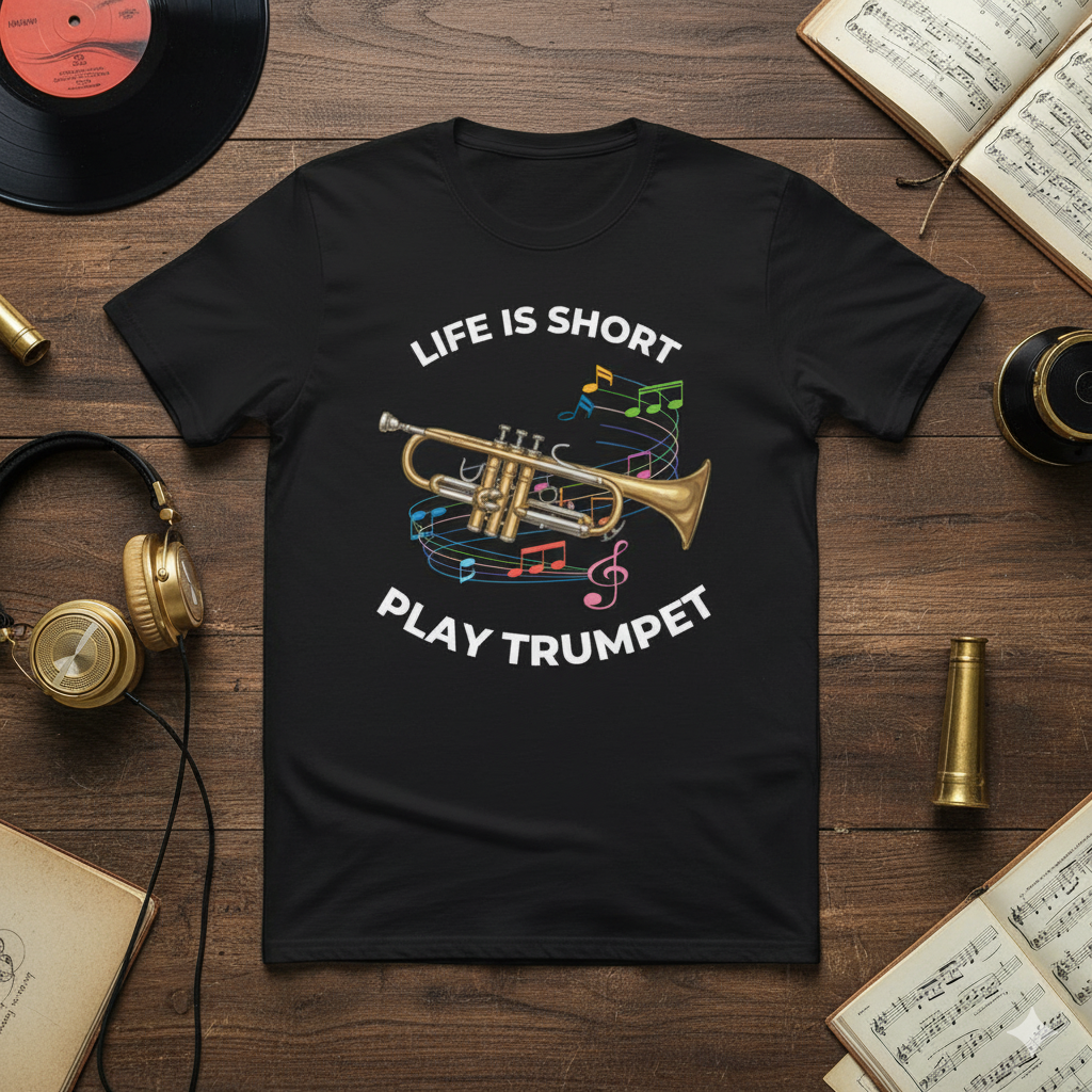 graphic tee with image of trumpet and colorful music notes