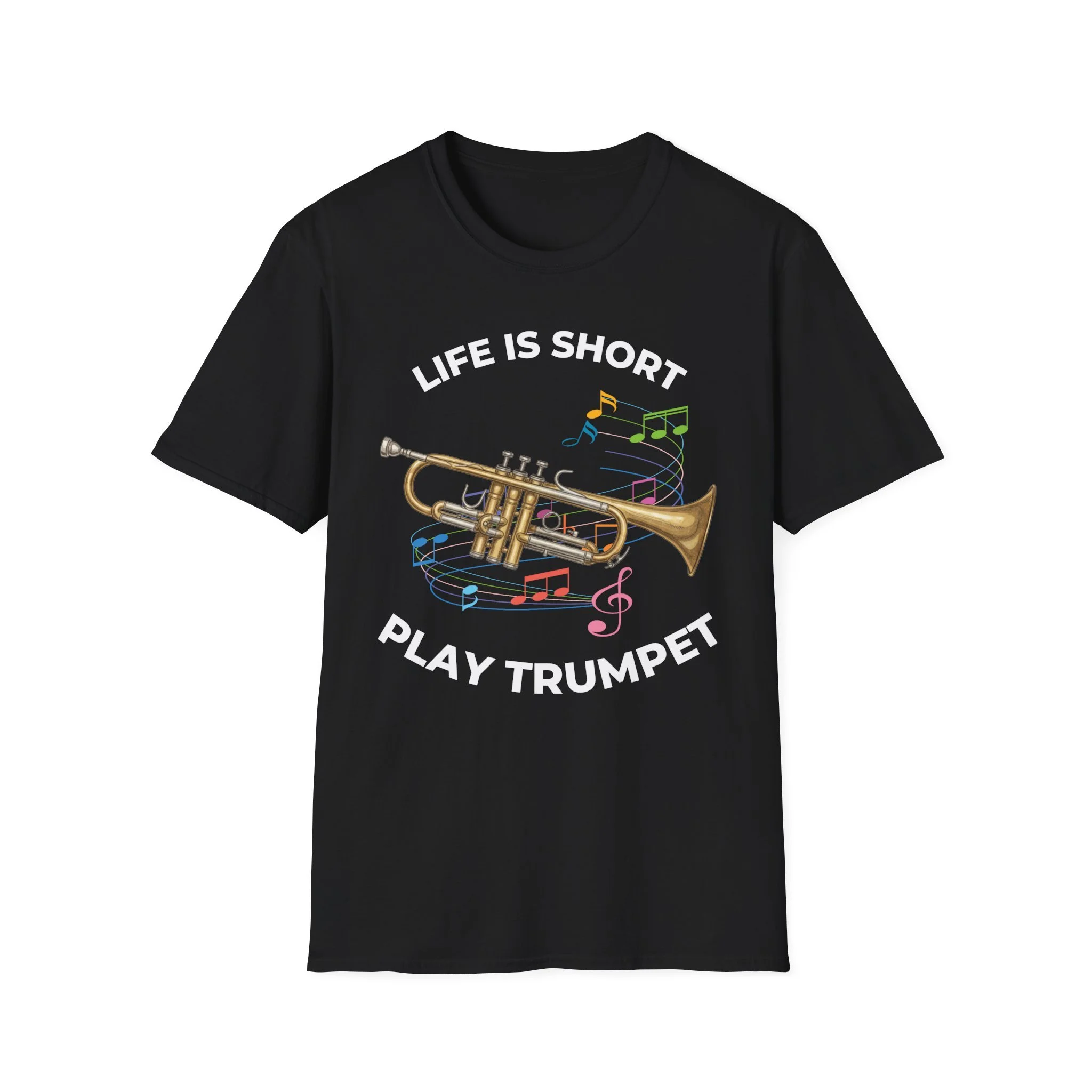 graphic tee with image of trumpet and colorful music notes