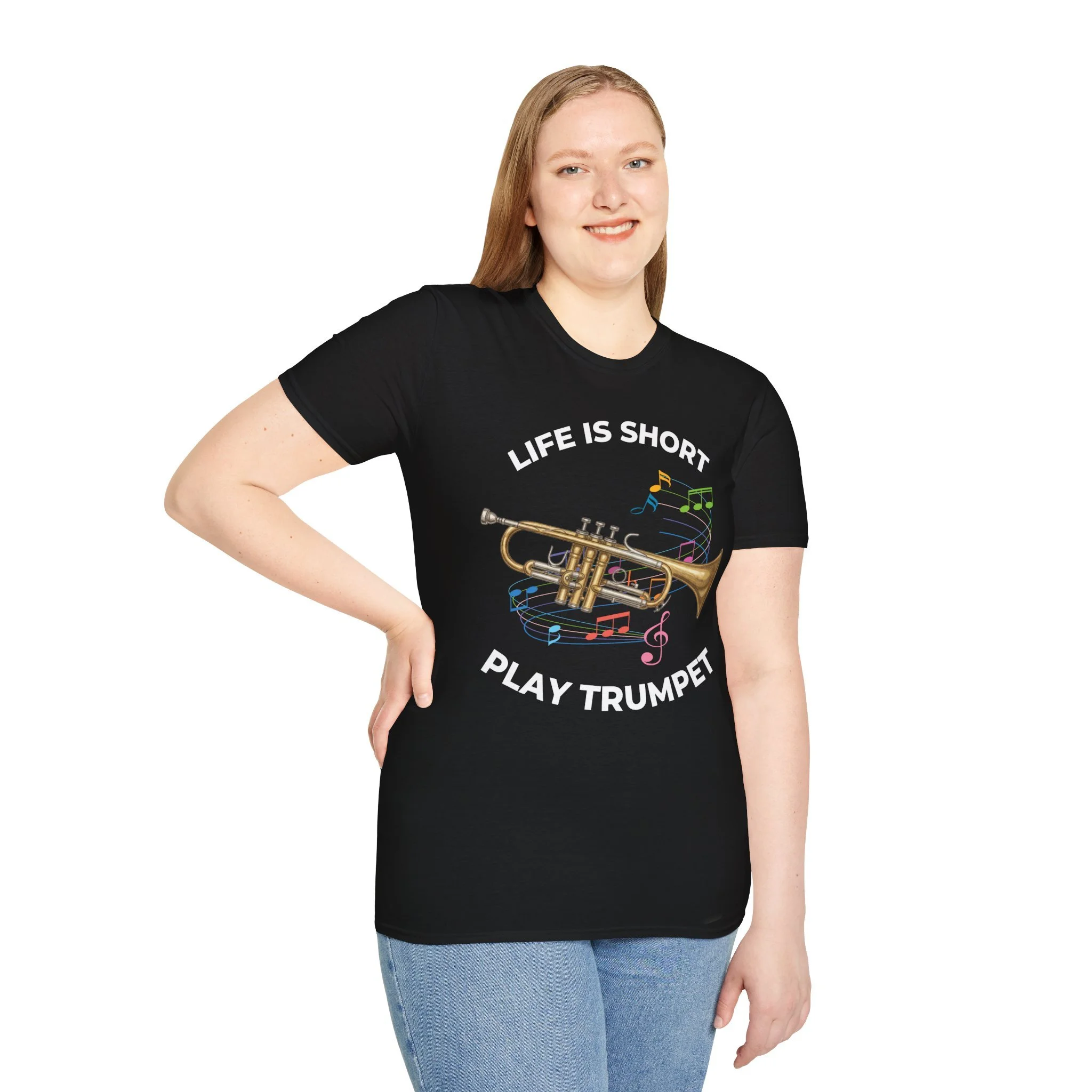 graphic tee with image of trumpet and colorful music notes