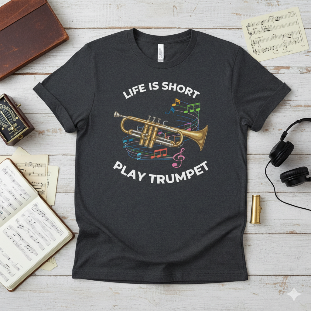 graphic tee with image of trumpet and colorful music notes