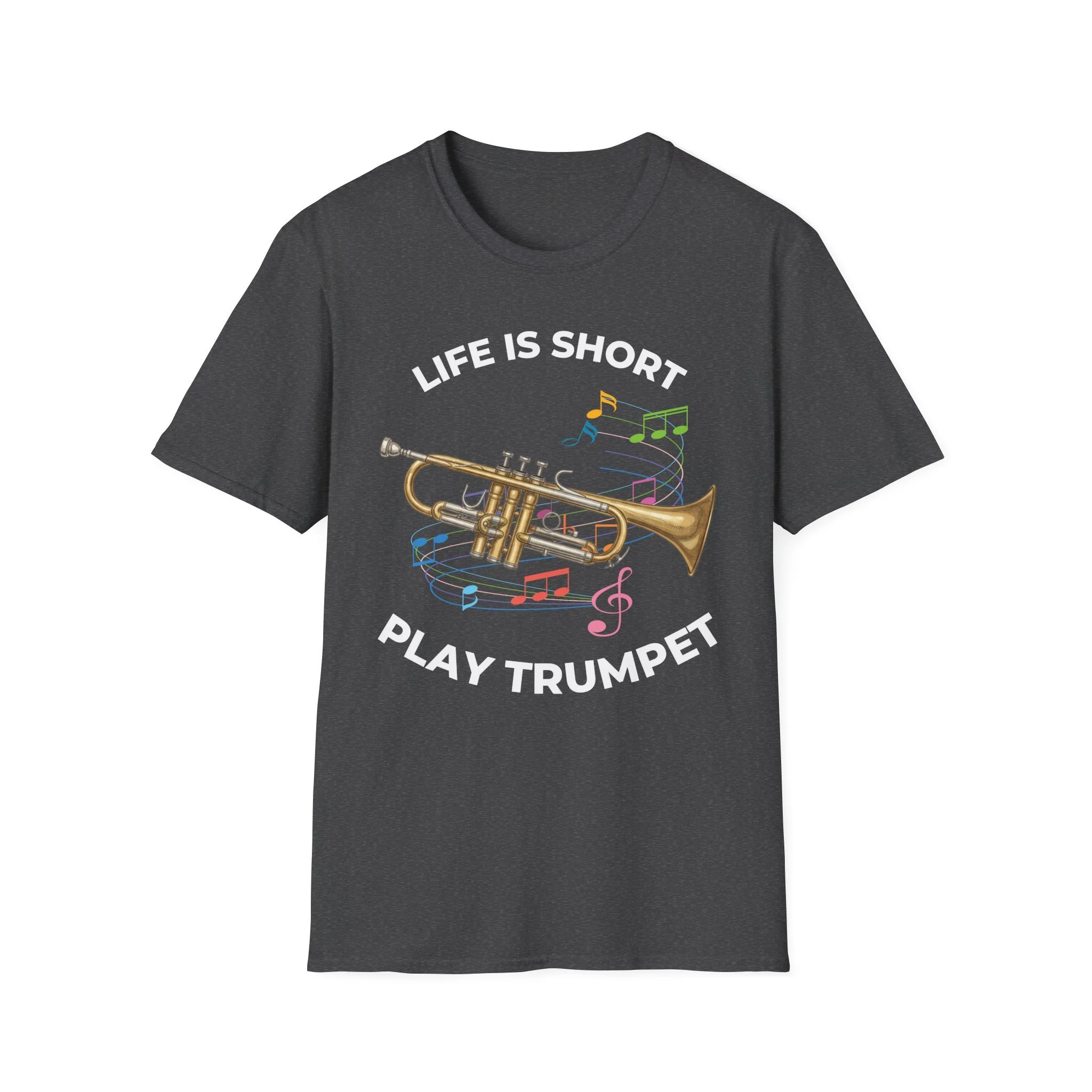 graphic tee with image of trumpet and colorful music notes