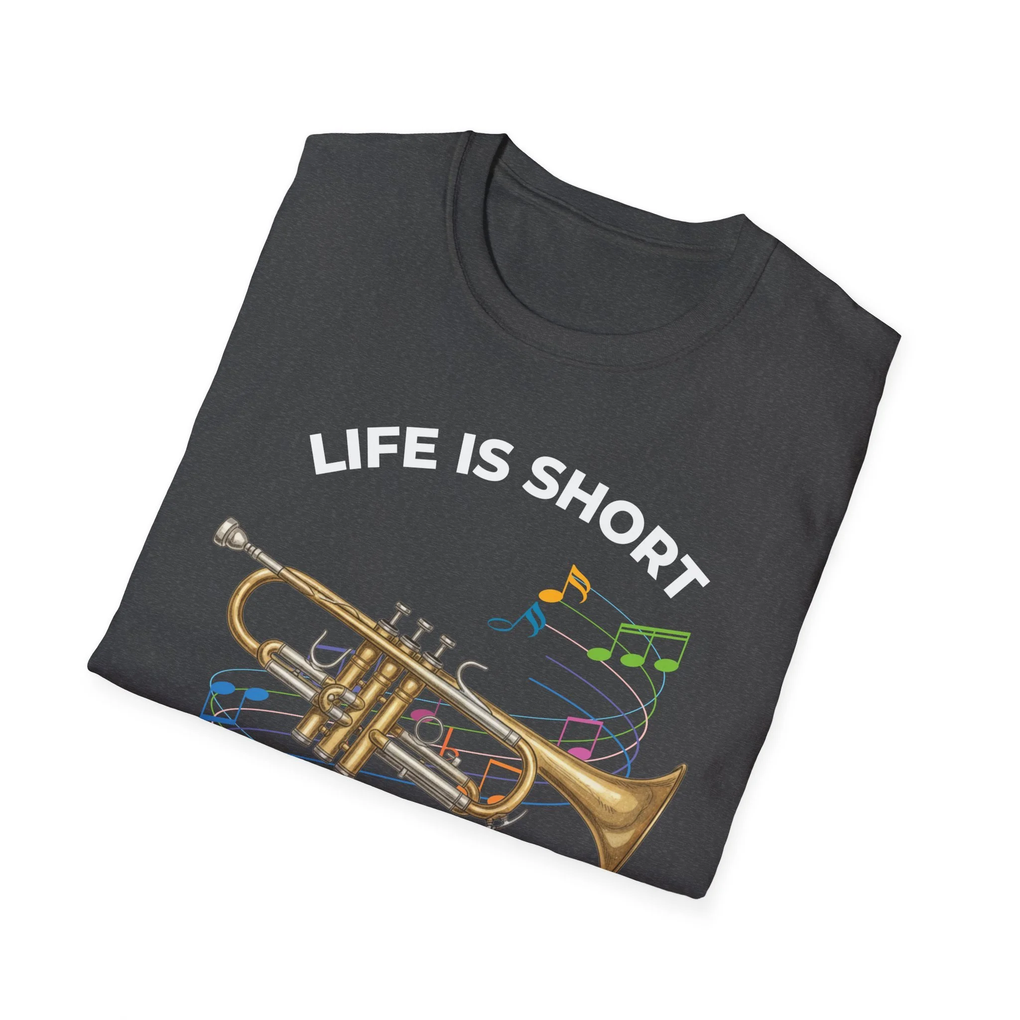 graphic tee with image of trumpet and colorful music notes
