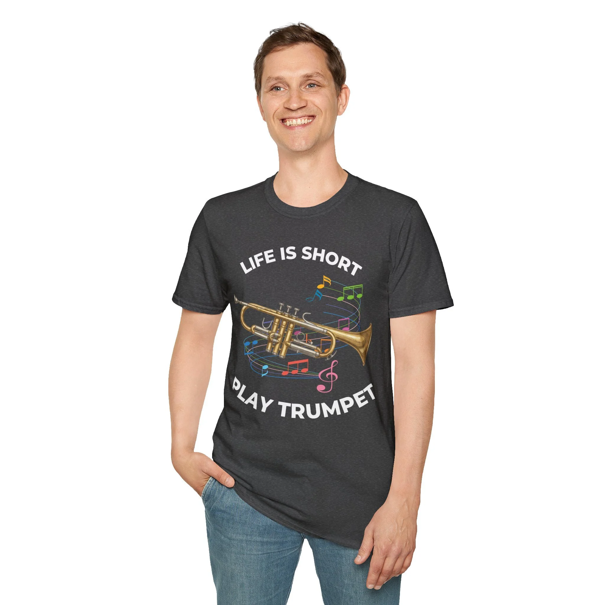 graphic tee with image of trumpet and colorful music notes