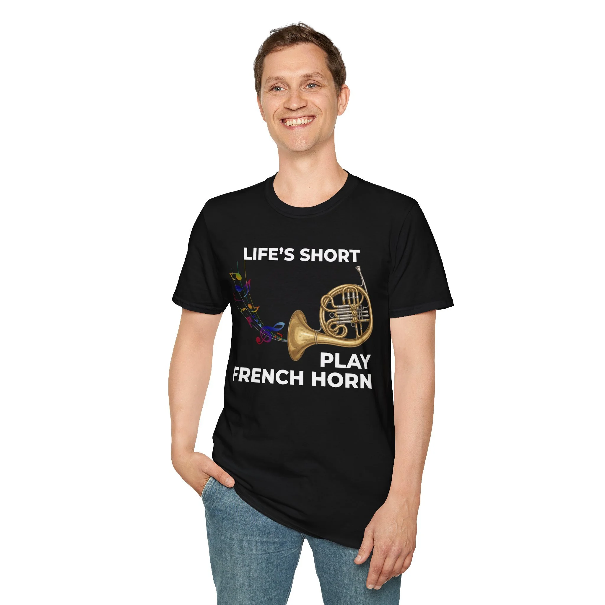 graphic tee with image of a french horn, colorful music notes, and text that says life's short play french horn